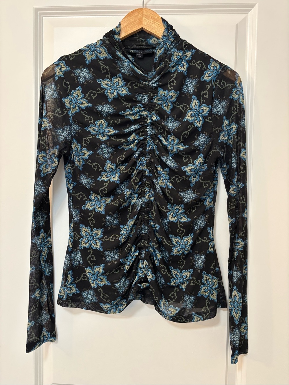 Jane and Delancey Black Blue Floral Ruched Sheer Long-Sleeve Top, Size M